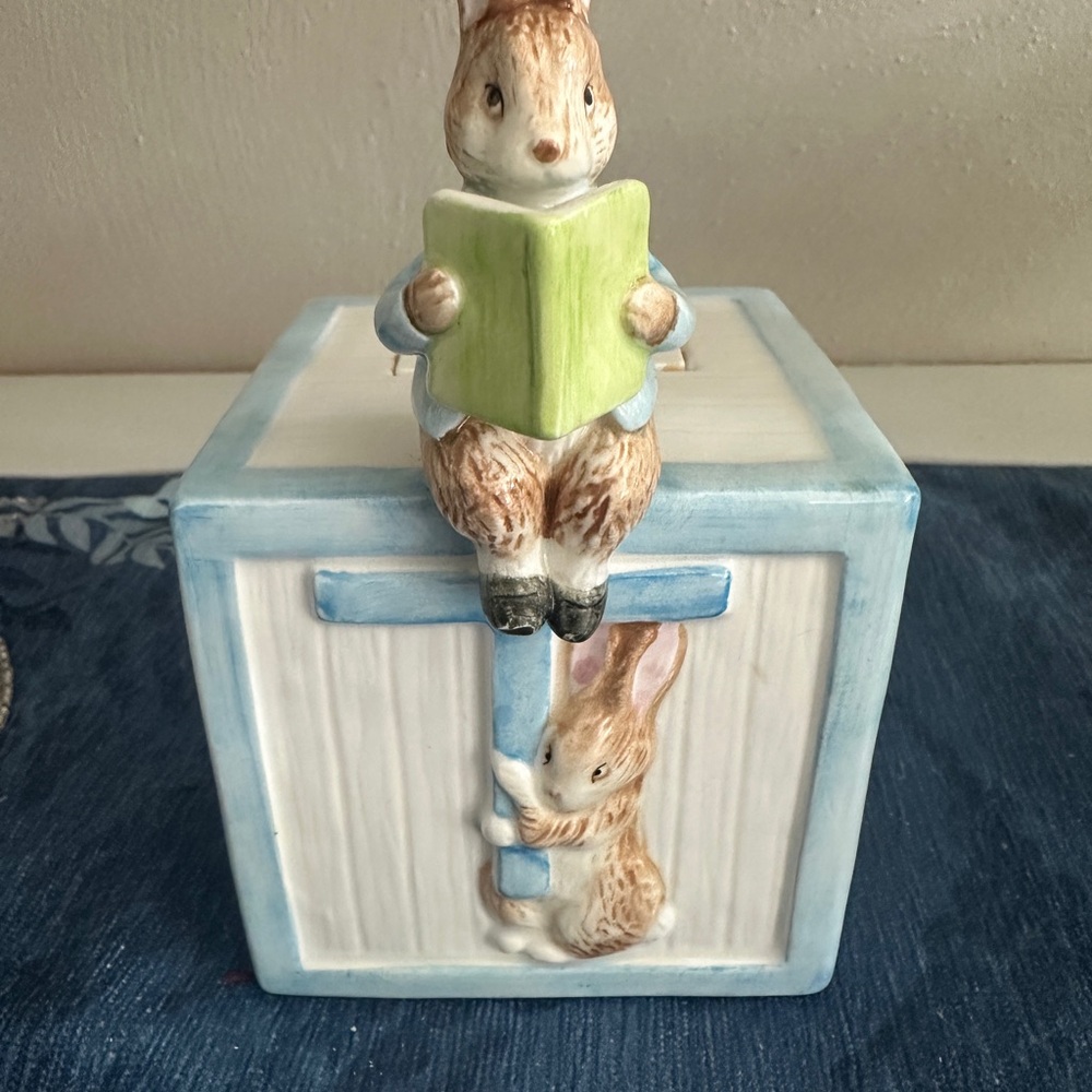 Whimsical Blue and Green Rabbit Decor Bank by Beatrice Potter. Circa 1990